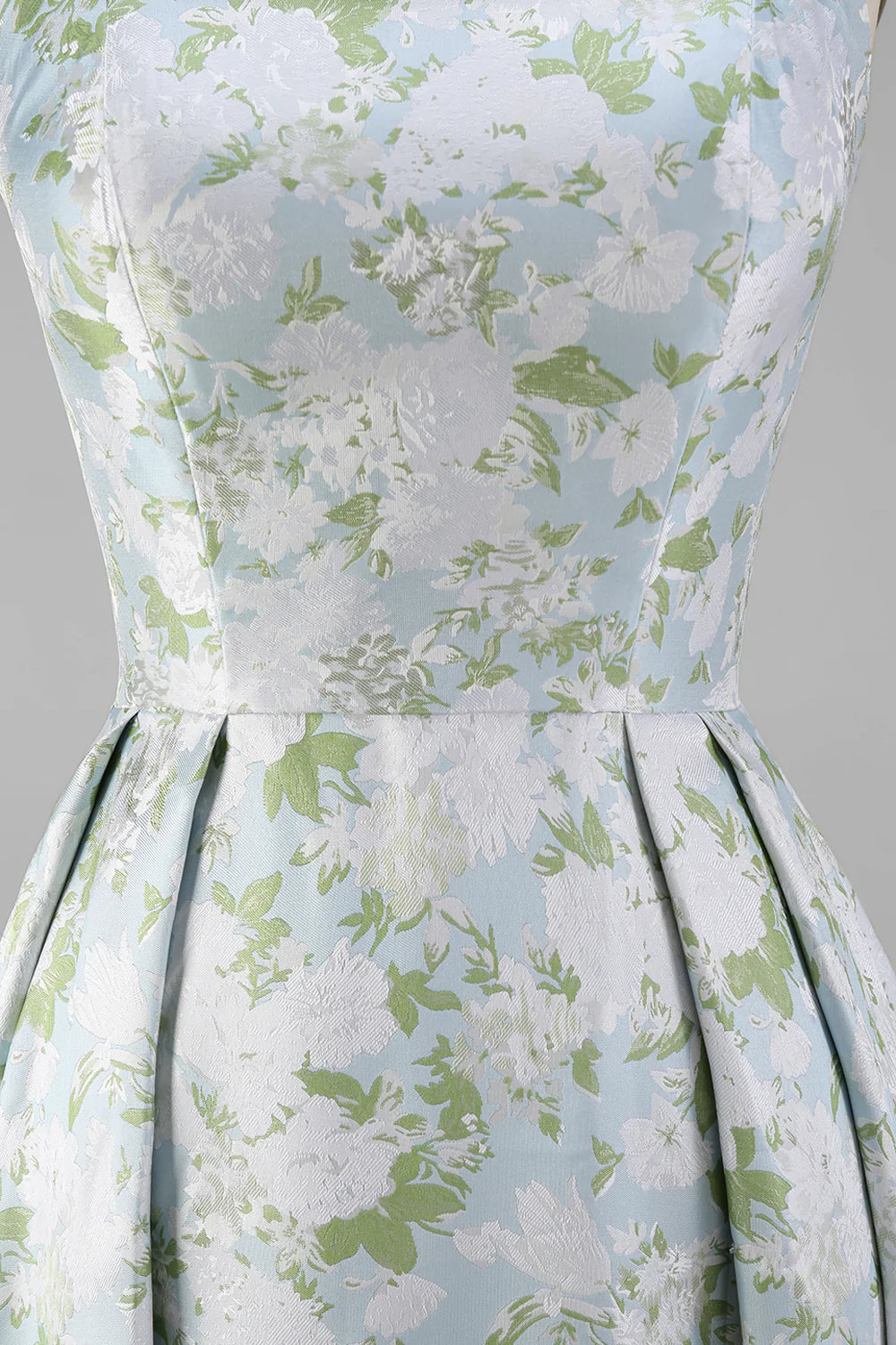 Floral Printed Blue White A Line Long Bridesmaid Dress