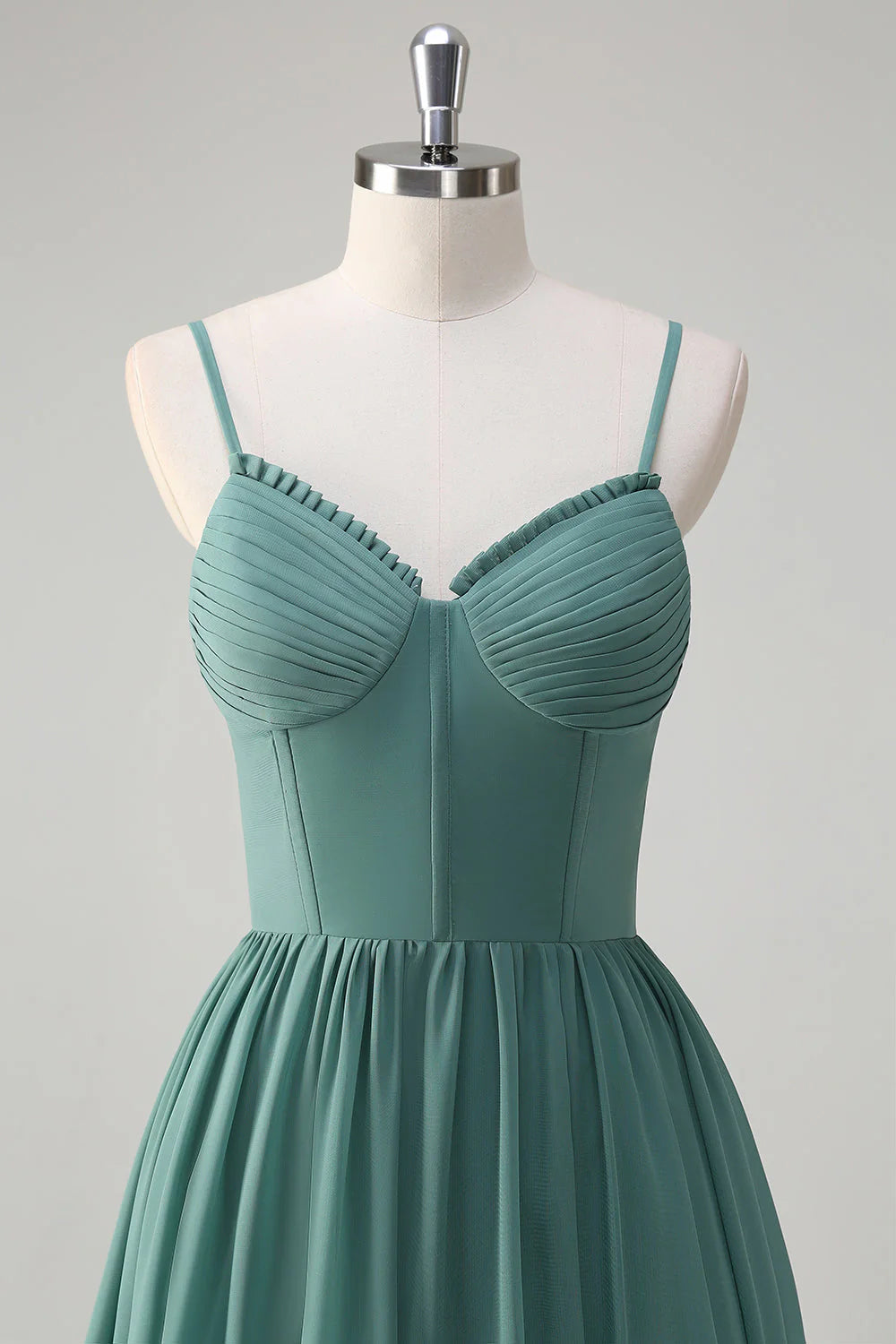 Eucalyptus A Line Spaghetti Straps Corset Ruffled Long Bridesmaid Dress with Slit