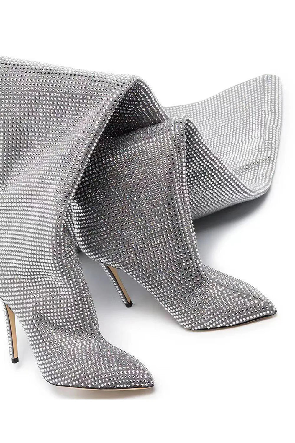 Sparkly Silver Knee High Stiletto High Heel Boots with Rhinestones