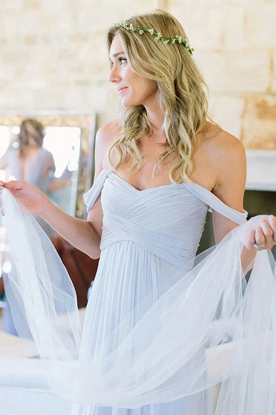 Light Blue A Line Off the Shoulder Long Chiffon Boho Bridesmaid Dress