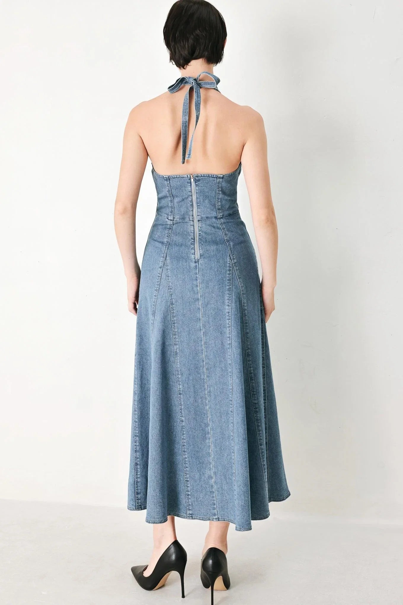 BLUE HALTER DENIM MIDI DRESS