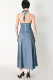 BLUE HALTER DENIM MIDI DRESS