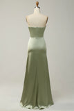Green Sheath Convertible Strapless Satin Floor Length Dress with Slit