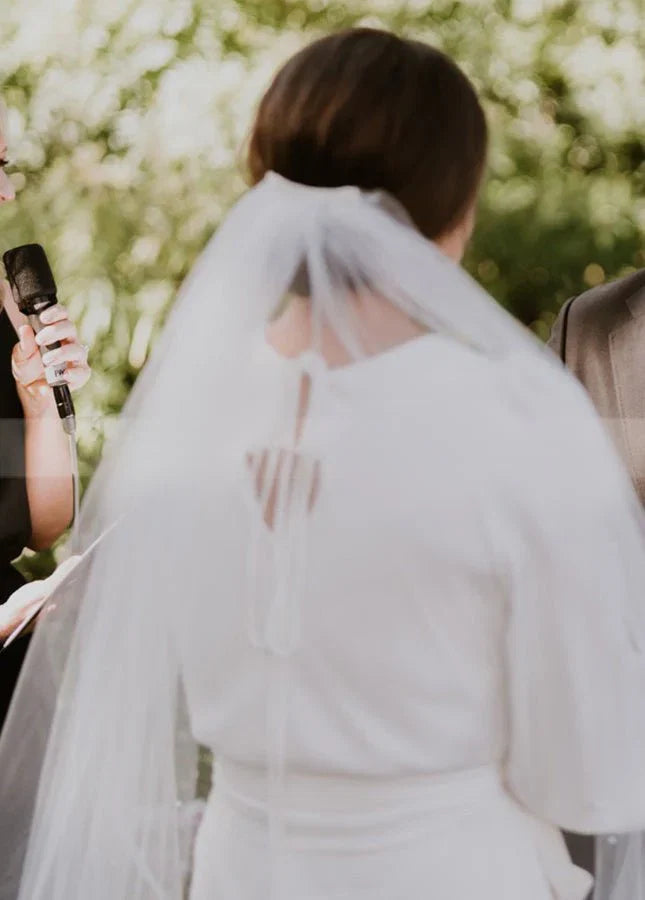 Simple Elegant Half Sleeves Crepe O Neck White Wedding Dresses with Sash