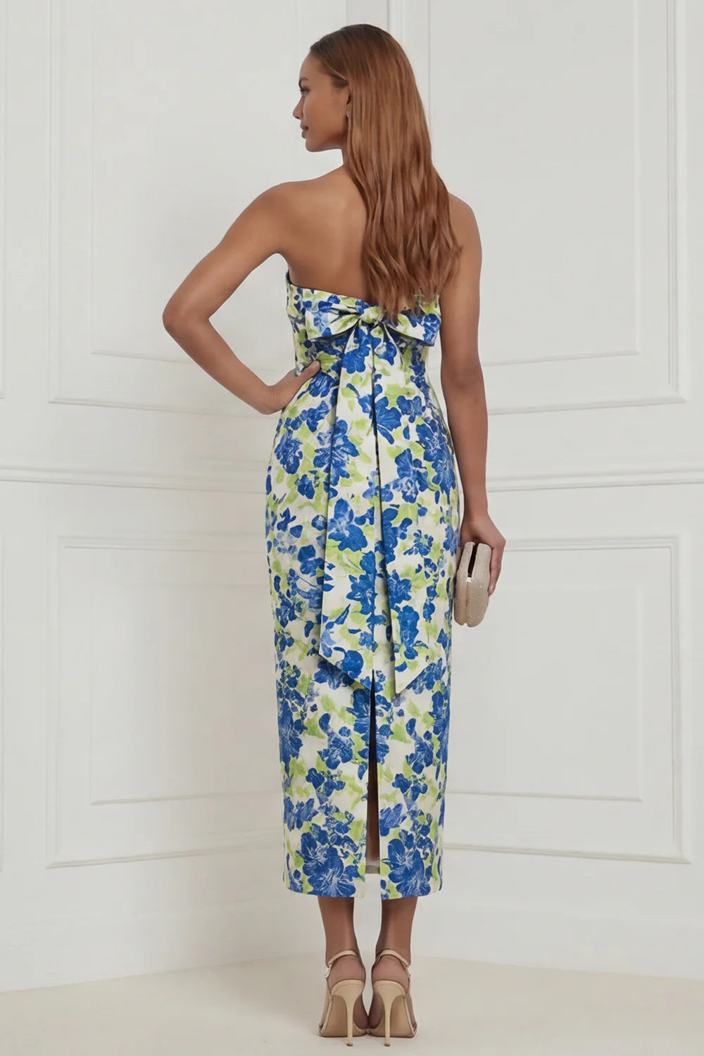 Strapless Fuchsia Sheath Floral Midi Wedding Guest Dress with Bow