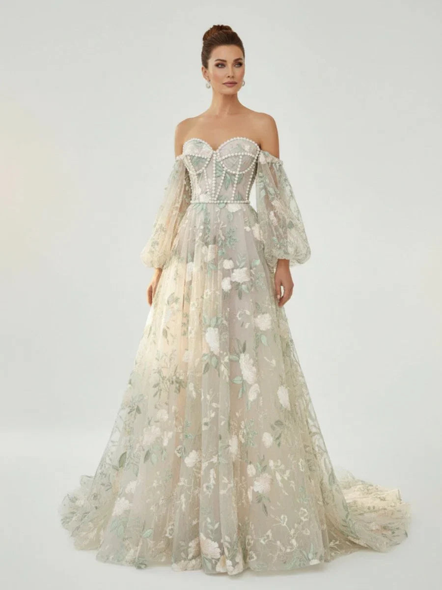 A Line Light Green Sweetheart Pearl Wedding Dress