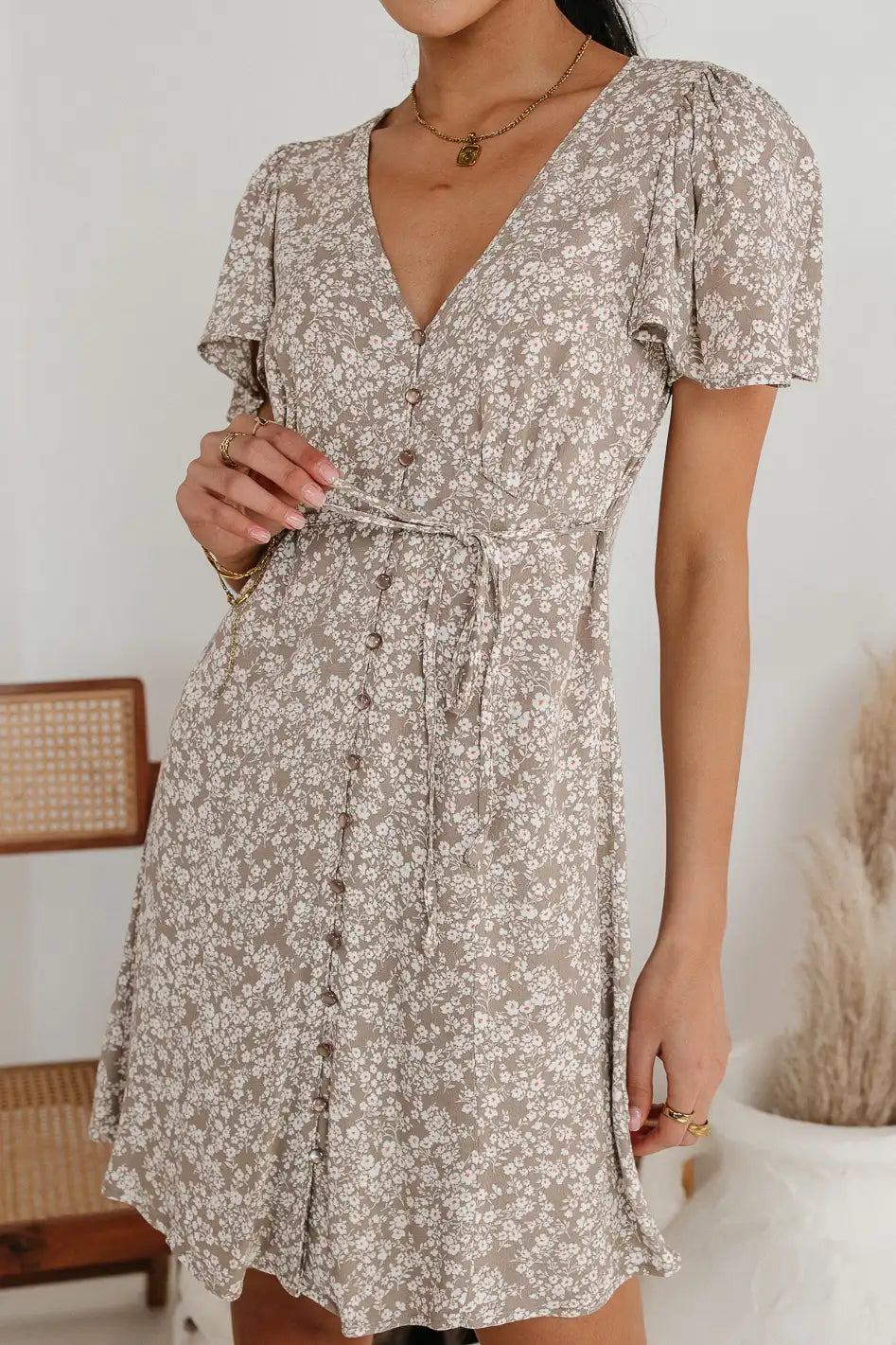 Abbie Floral Mini Dress in Taupe FINAL SALE