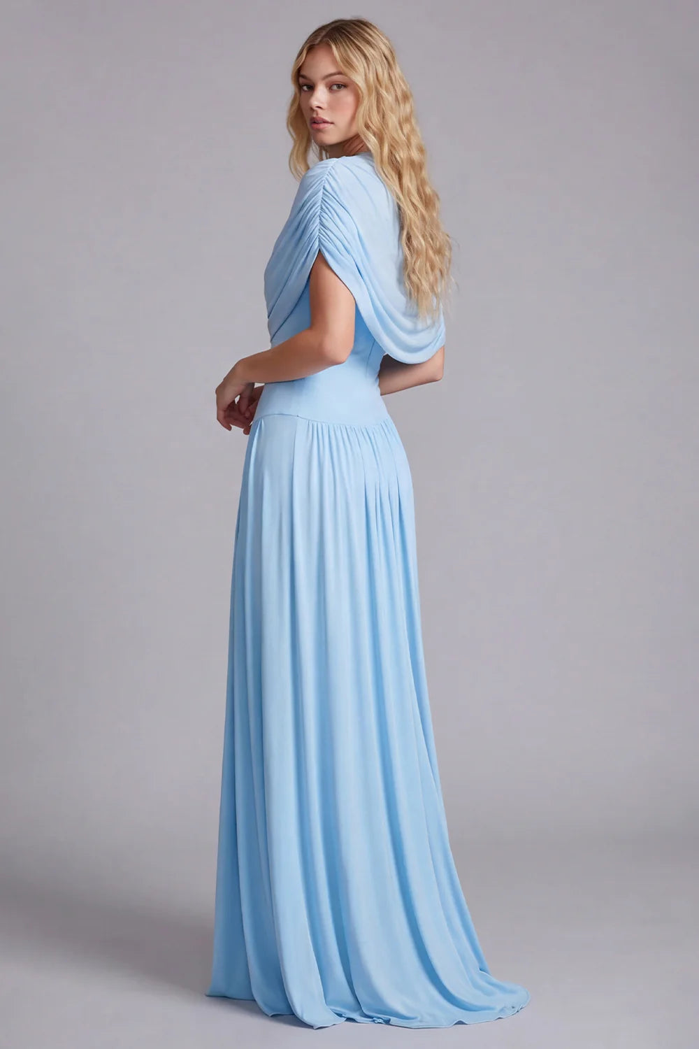 Sky Blue Mermaid Ruched Maxi Dress with Cape Sleeves
