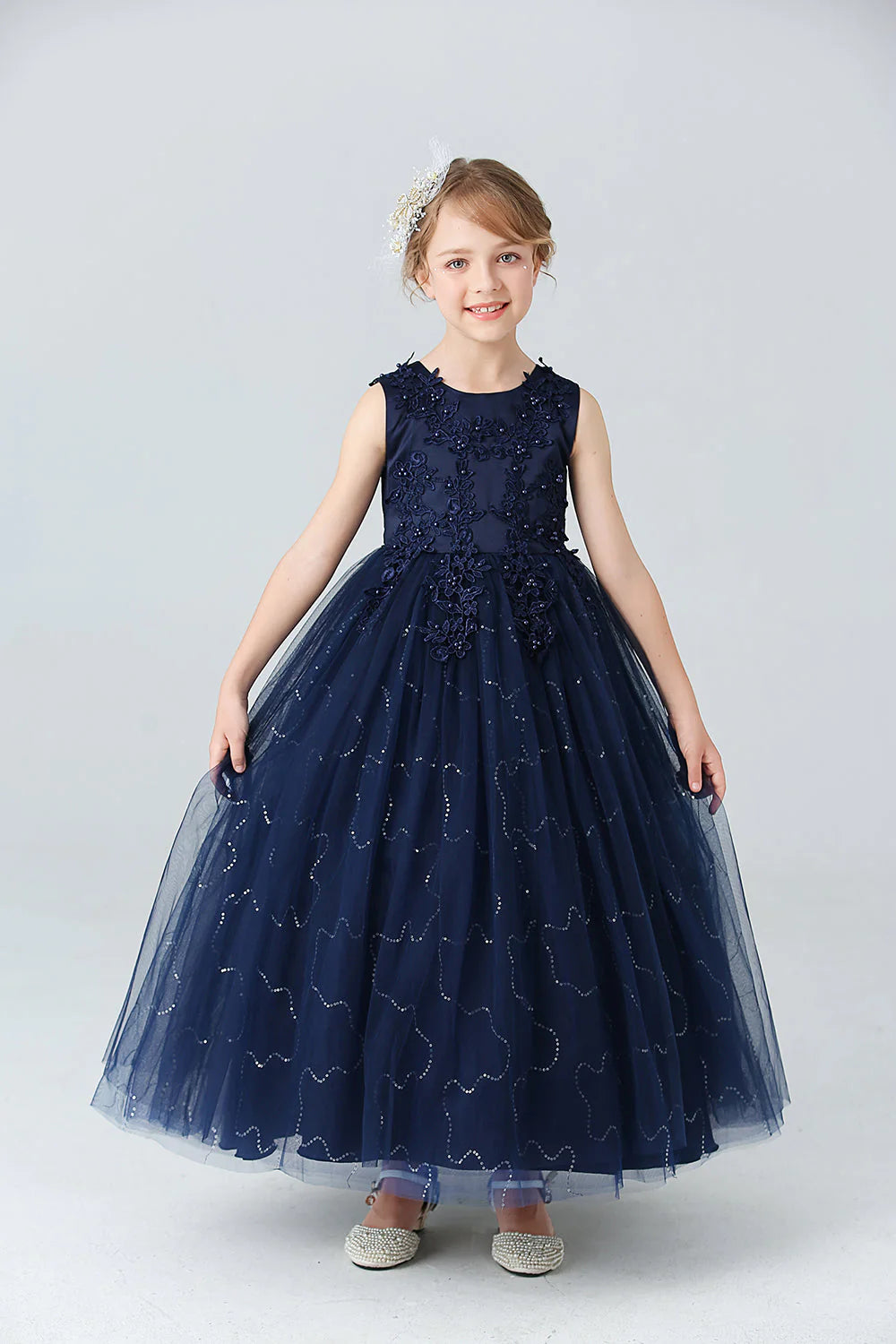 White A Line Beaded Tulle Flower Girl Dress With Appliques