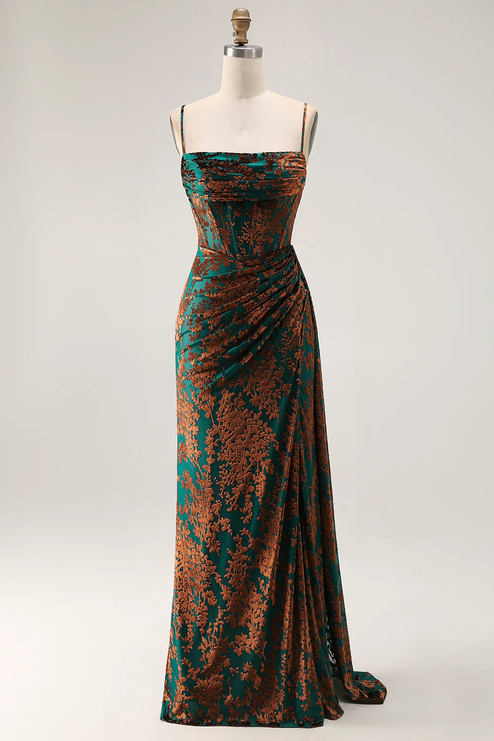 Dark Green Mermaid Corset Streamer Long Floral Burnout Velvet Dress with Slit