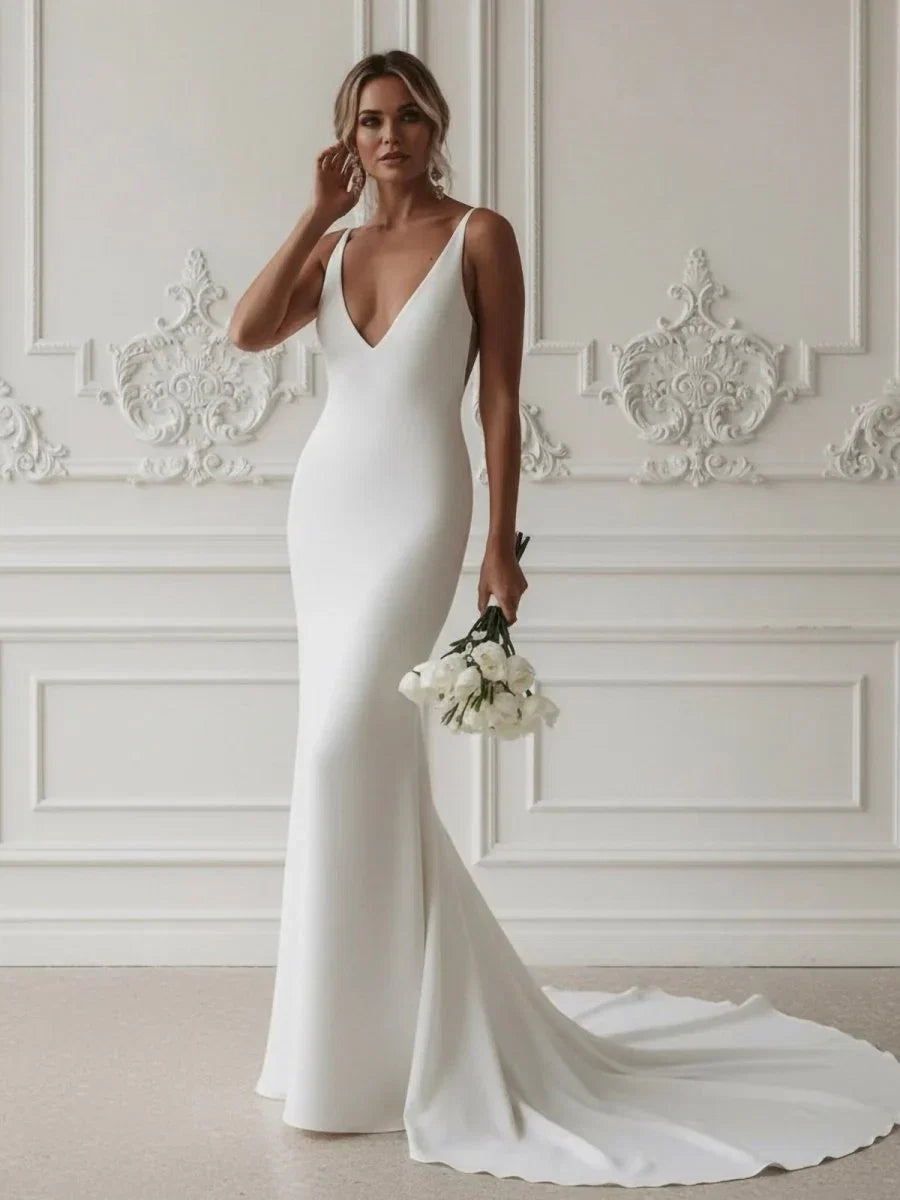 Elegant Mermaid V Neck Elastic Satin Long Wedding Dresses