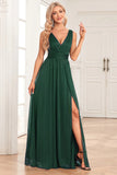 Dark Green A Line Sparkly V Neck Pleated Prom Dress with Slit
