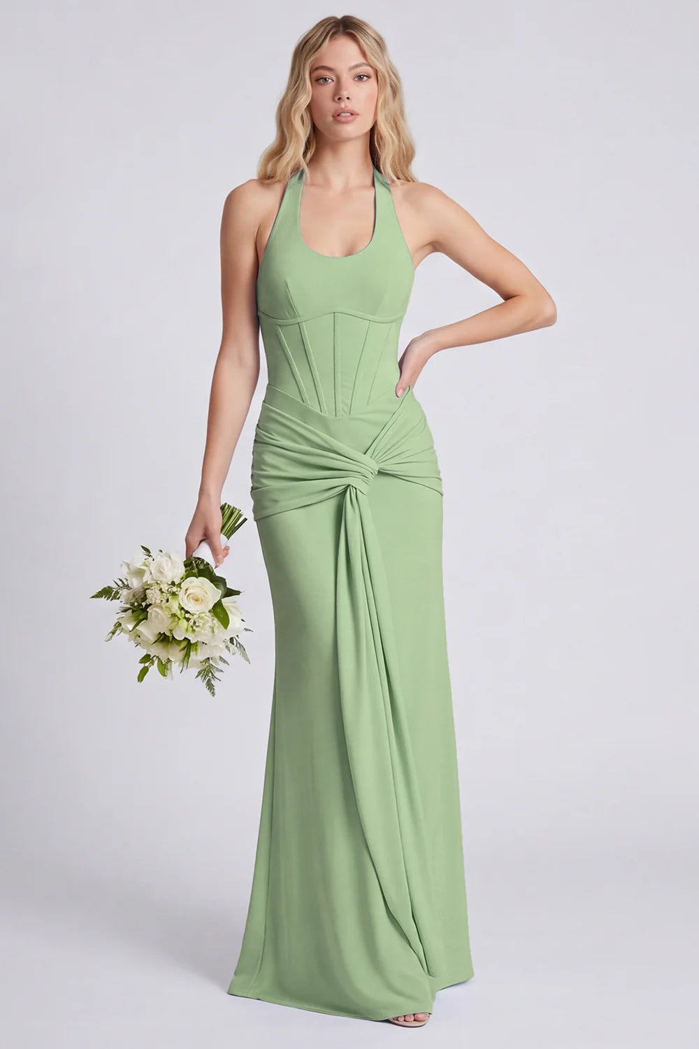 Light Blue Halter Ruched Mermaid Corset Bridesmaid Dress