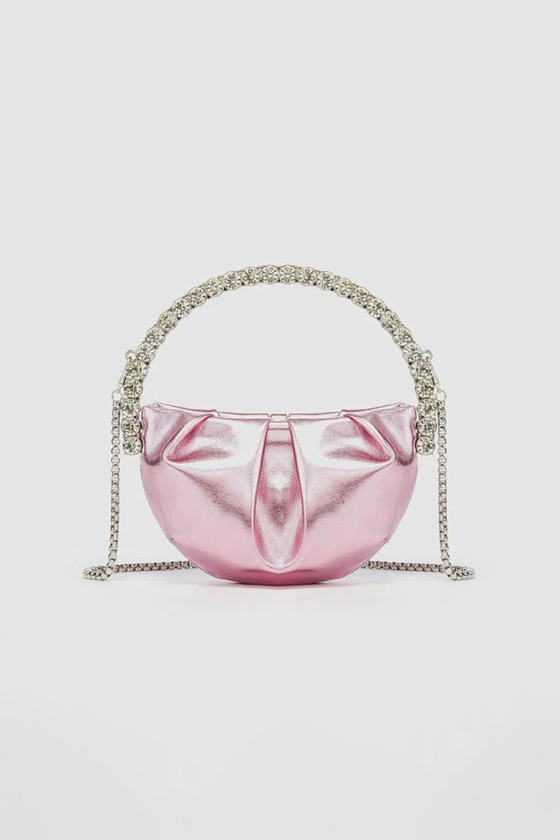 Womens Rhinestone Handle Metallic Slouchy Evening Clutch Bags