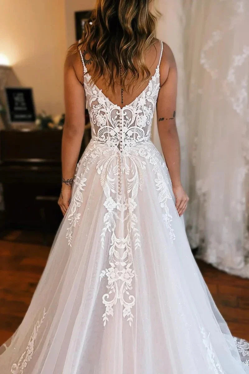 A Line Off The Shoulder Wedding Dress With Appliques And Slit