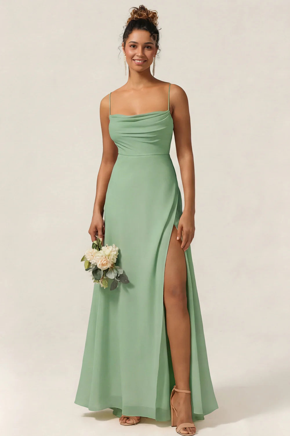 Blue Flower A Line Spaghetti Straps Chiffon Long Bridesmaid Dress with Slit