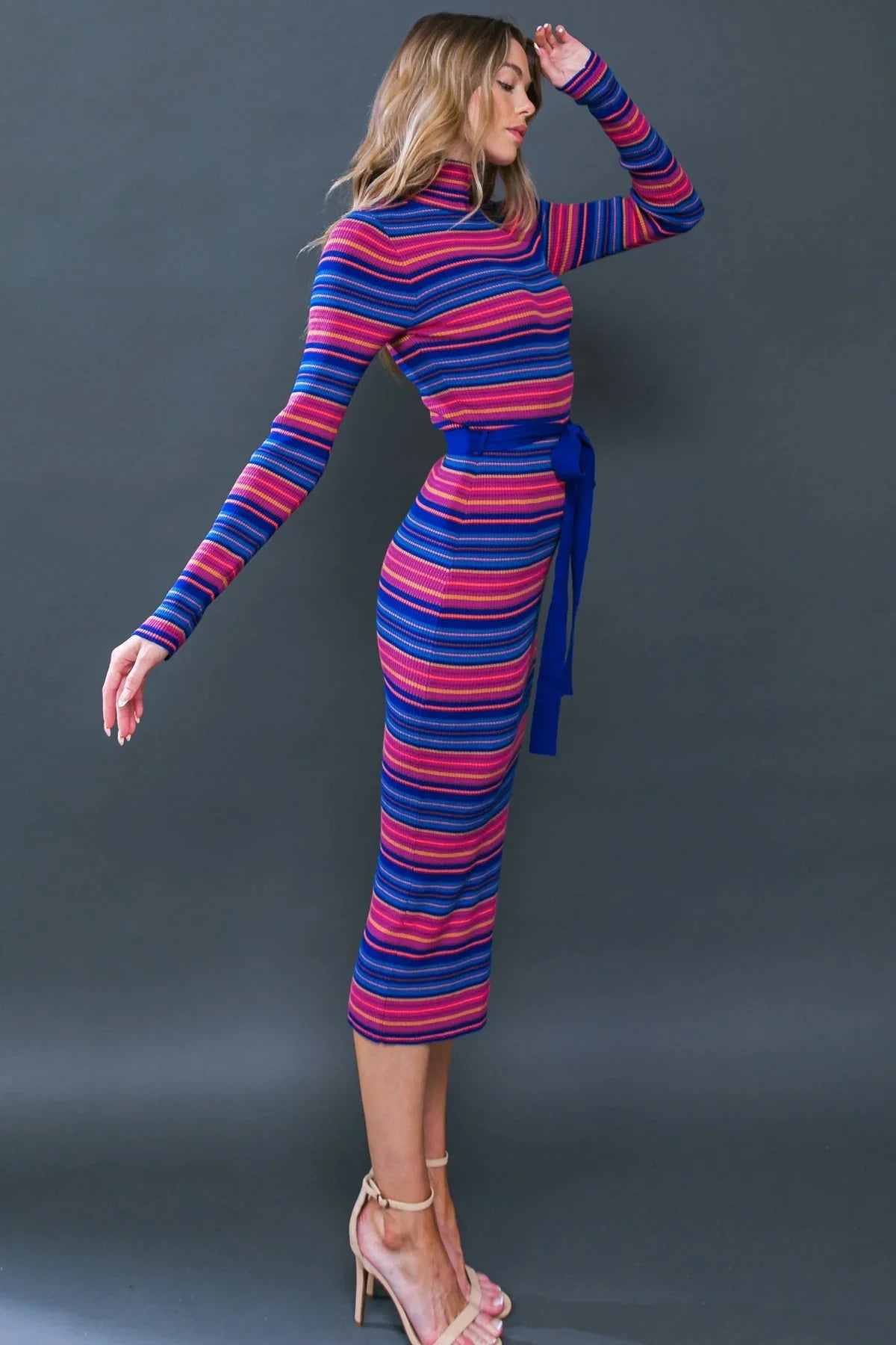 SWEATER WEATHER MIDI DRESS BLUE FUCHSIA STRIPE