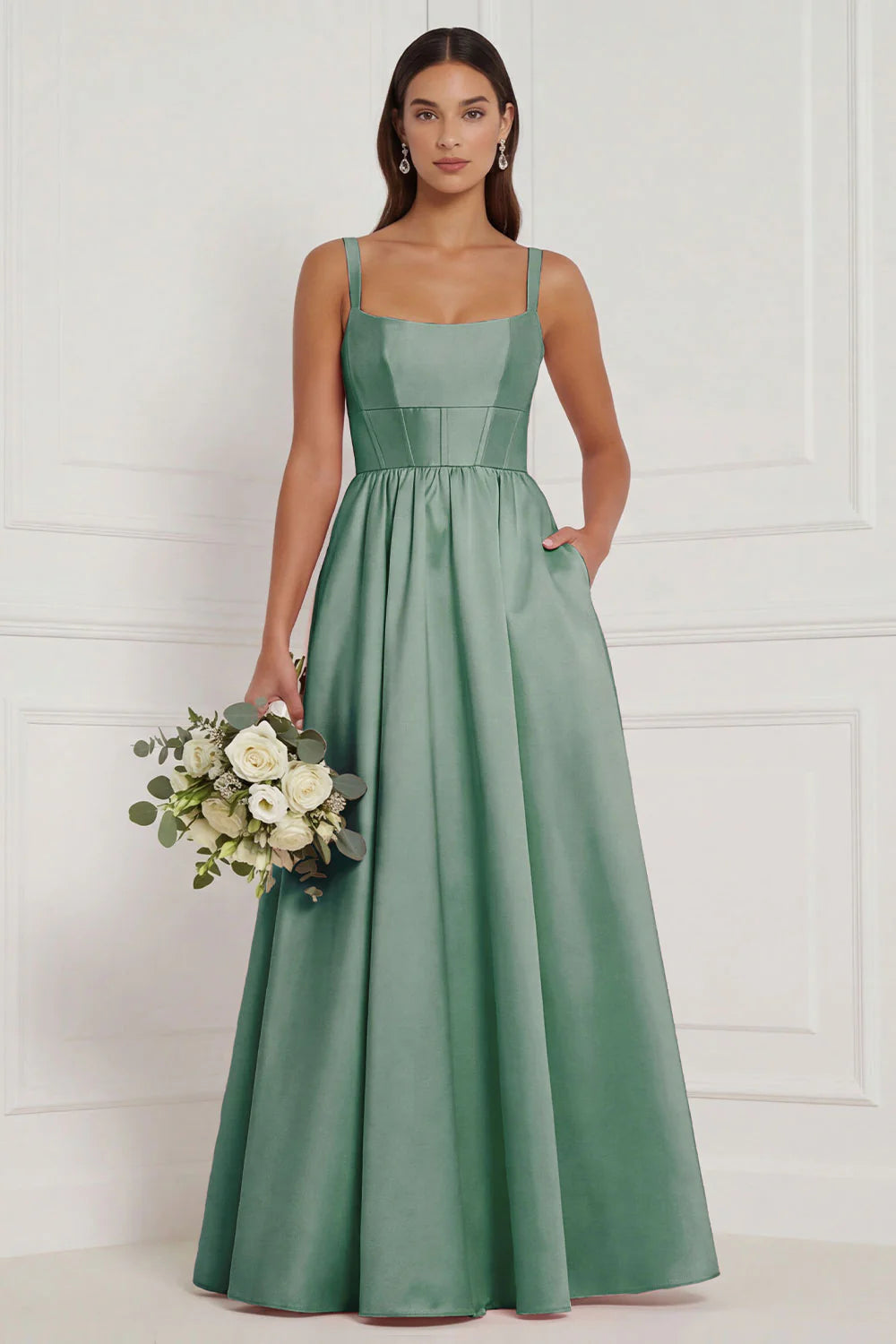 Lilac A Line Corset Satin Square Neck Long Bridesmaid Dress