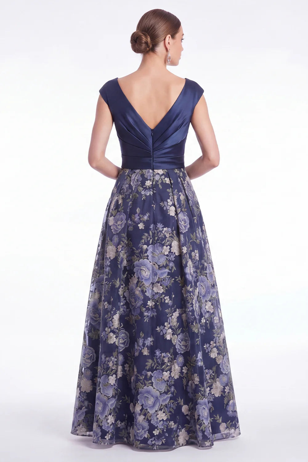 Dark Navy A Line Floral Jacquard Mother of the Bride Dress with Cap Sleeves