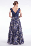 Dark Navy A Line Floral Jacquard Mother of the Bride Dress with Cap Sleeves