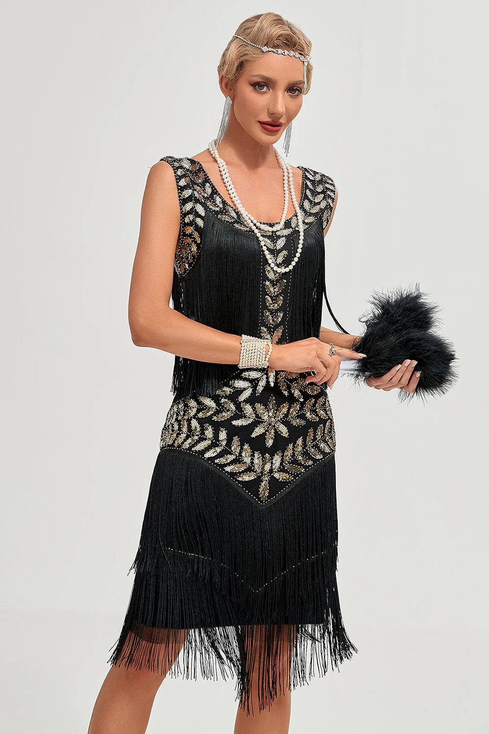 Black Gatsby Flapper Dress with Sequins and Fringes