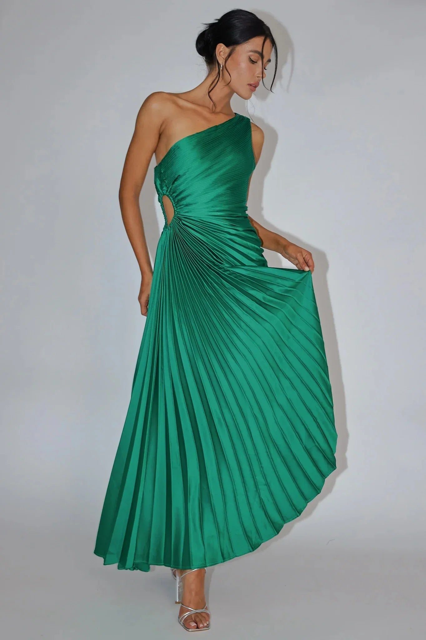 Panama Maxi Dress Kelly Green Pleated Dress With Side Cut Out