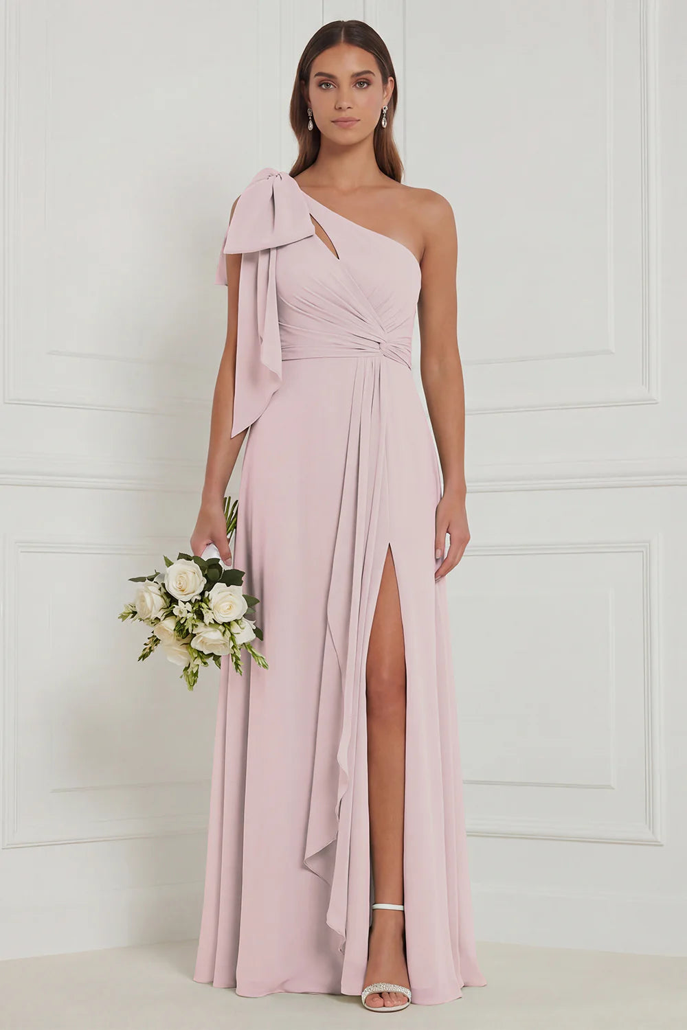 Sage A Line One Shoulder Long Bridesmaid Dress with Slit