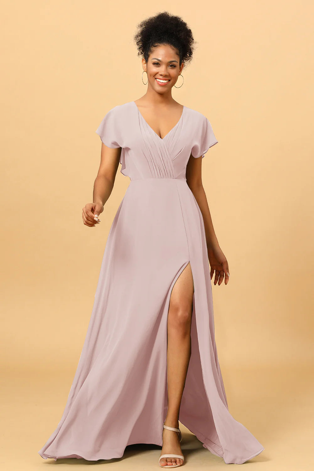 A Line V Neck Ruched Chiffon Bridesmaid Dress with Slit