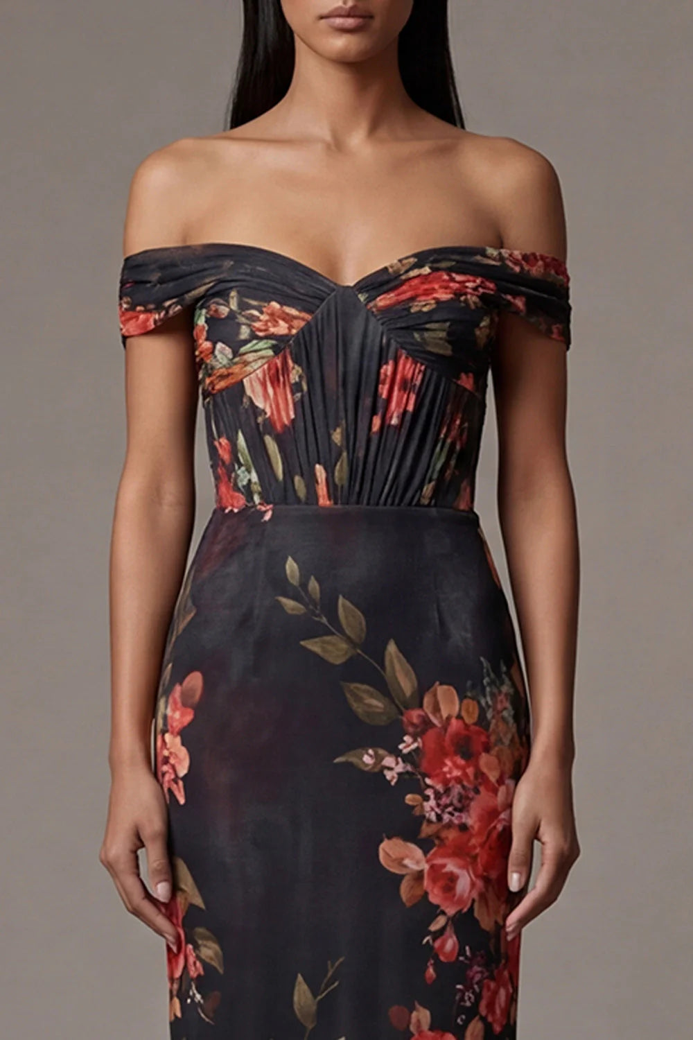 Black Floral Off the Shoulder Cut Out Mermaid Formal Dress