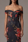 Black Floral Off the Shoulder Cut Out Mermaid Formal Dress