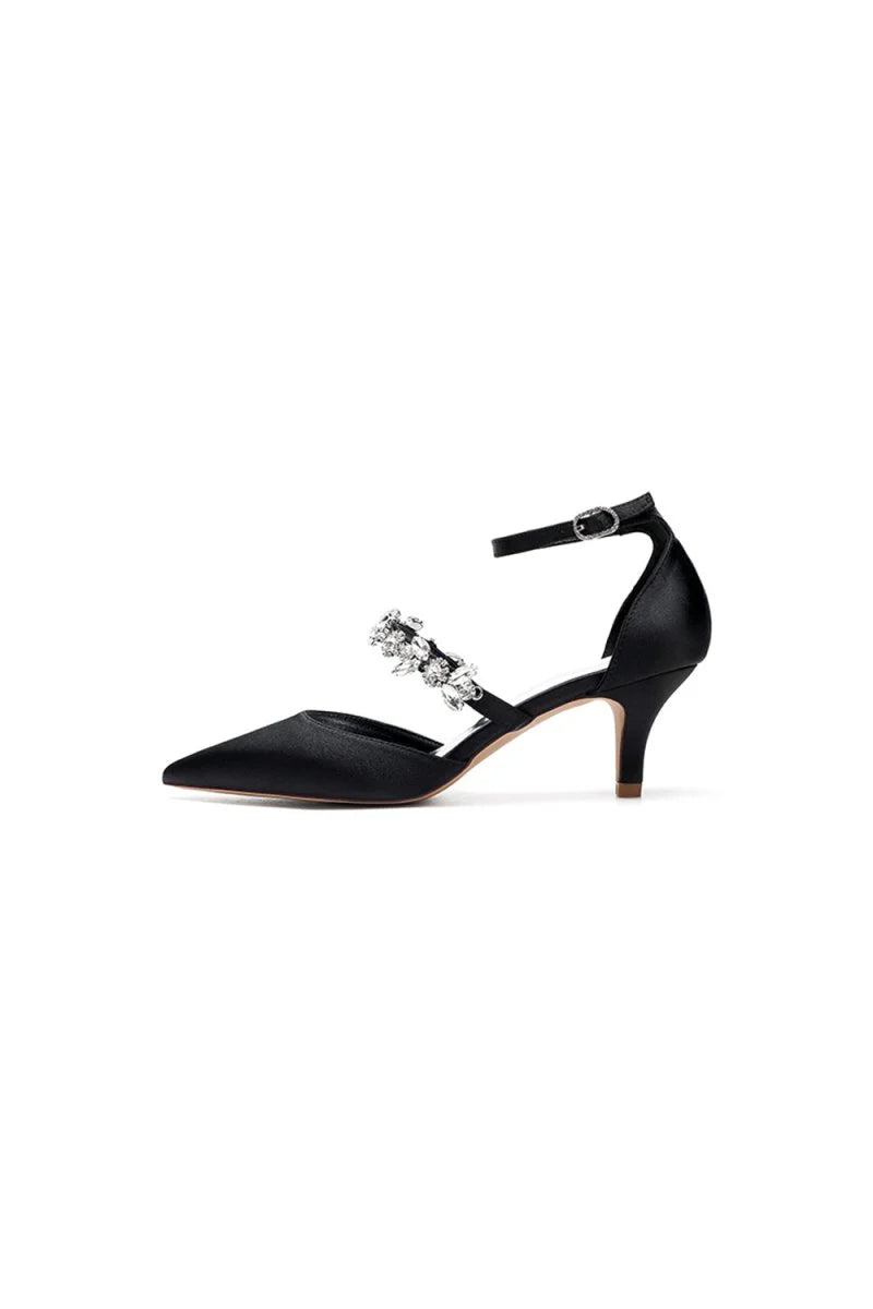 Crystal Strap Pointed Toe Satin Kitten Heels