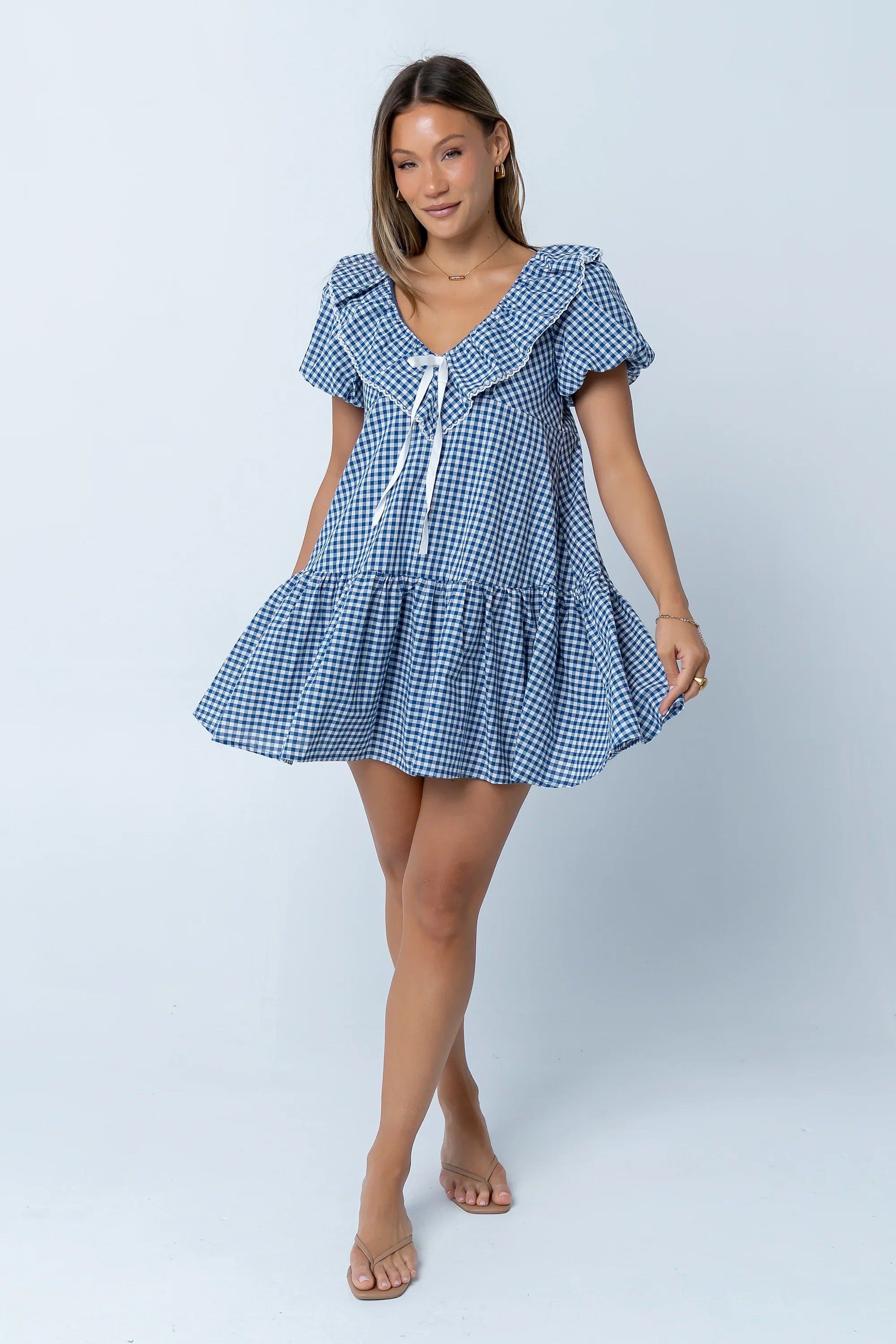 Tony Gingham Baby Doll Dress in Blue