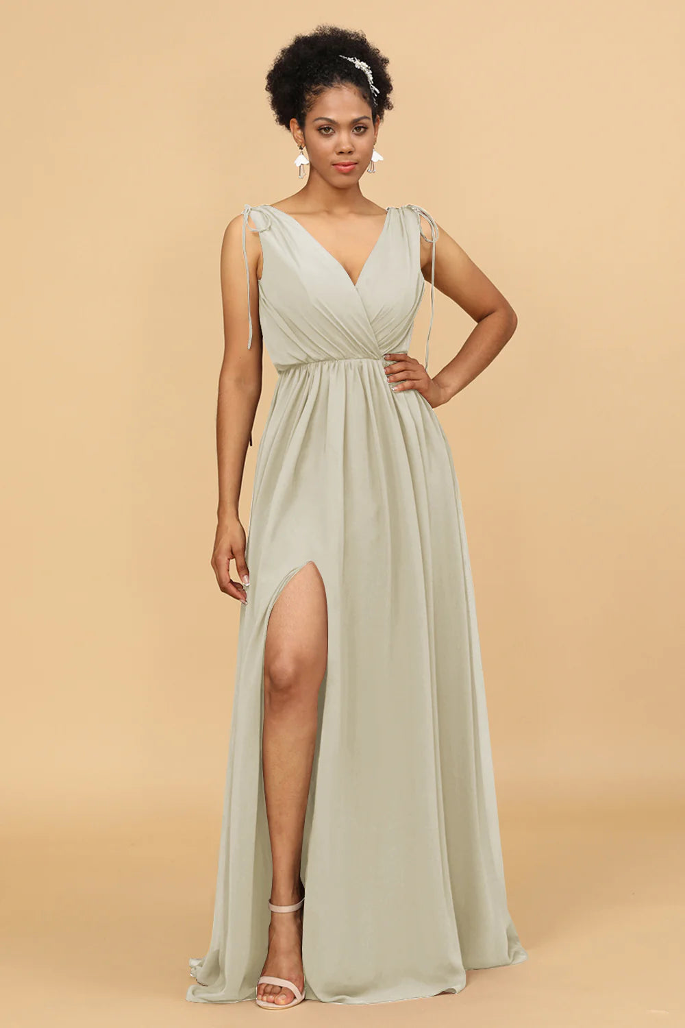 A Line Ruched V Neck Sleeveless Chiffon Bridesmaid Dress with Slit