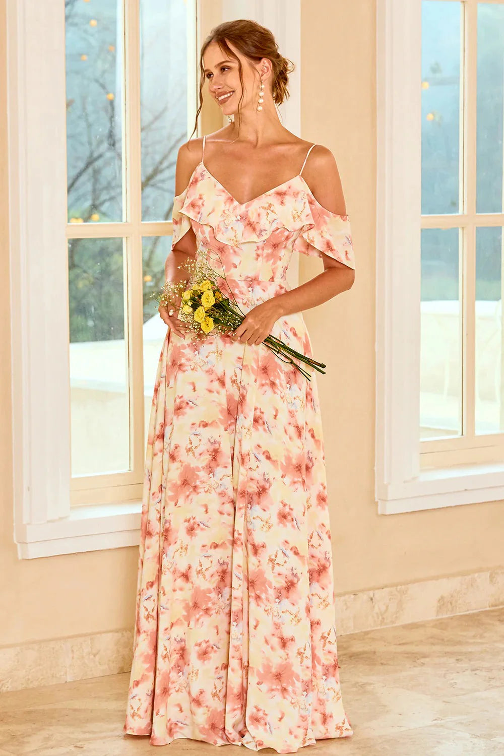 Blue Floral Print A Line Off the Shoulder Long Bridesmaid Dress