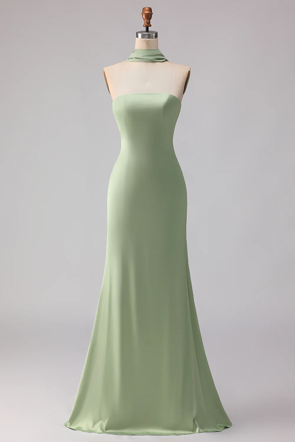 Dusty Sage Mermaid Strapless Satin Long Bridesmaid Dress with Streamer