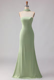 Dusty Sage Mermaid Strapless Satin Long Bridesmaid Dress with Streamer
