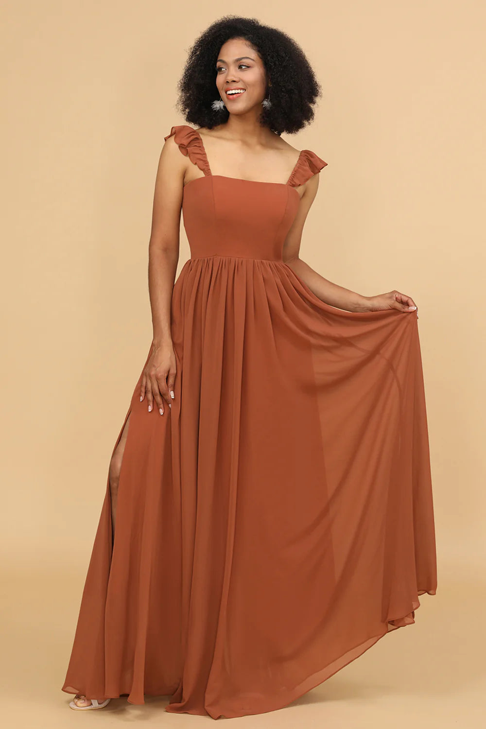 Terracotta A Line Floor Length Chiffon Bridesmaid Dress With Ruffles