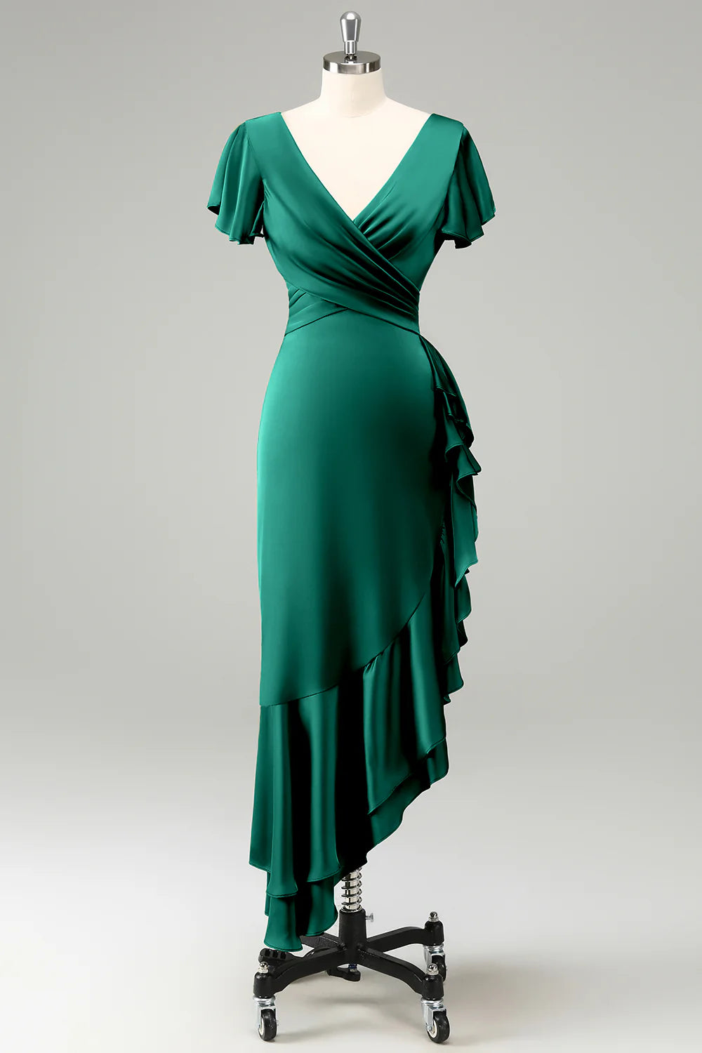 Elegant Dusty Sage A Line V Neck Short Sleeves Asymmetrical Bridesmaid Dress with Ruffles