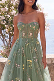 Dusty Sage A Line Sweetheart Embroidered Floral Midi Dress