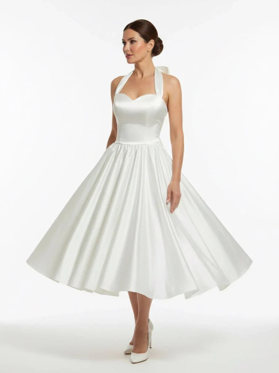 White A Line Halter Sleeveless Tea Length Satin Bridal Gowns With Bows Pleats