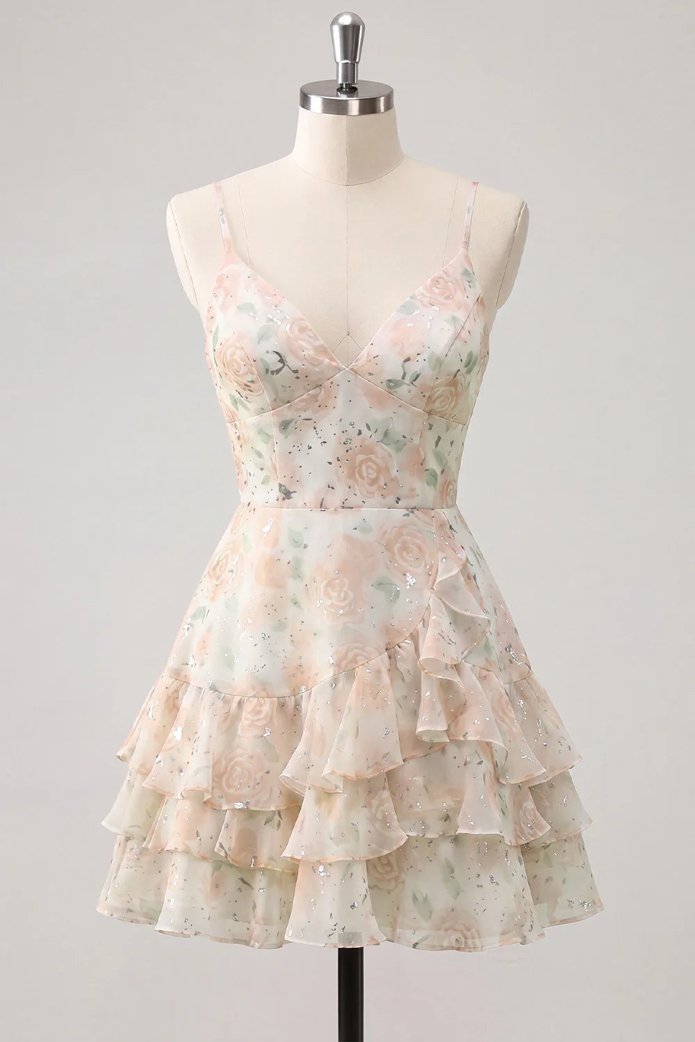 Floral Light Green Tiered Ruffle A Line Short Homecoming Dress