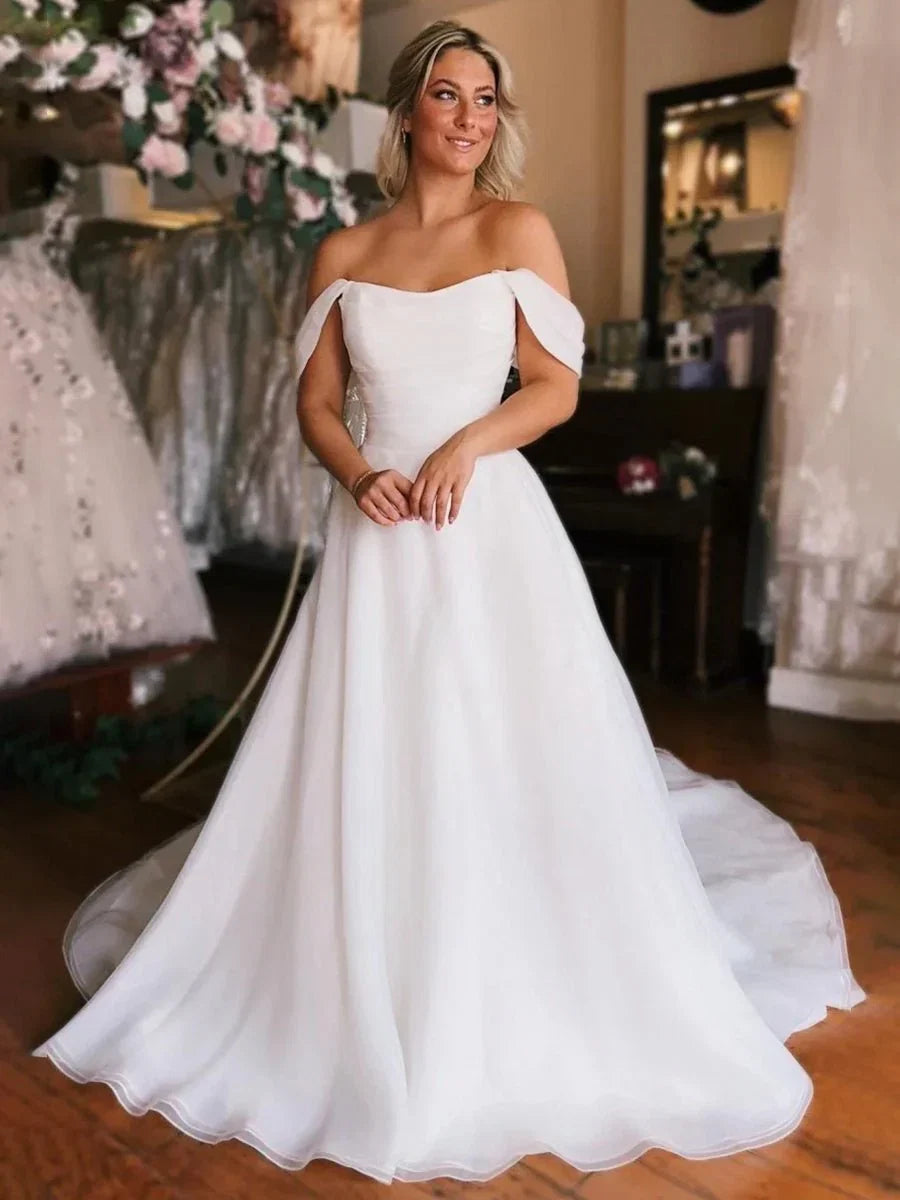 Elegant White Off the Shoulder Long Wedding Dress with Slit