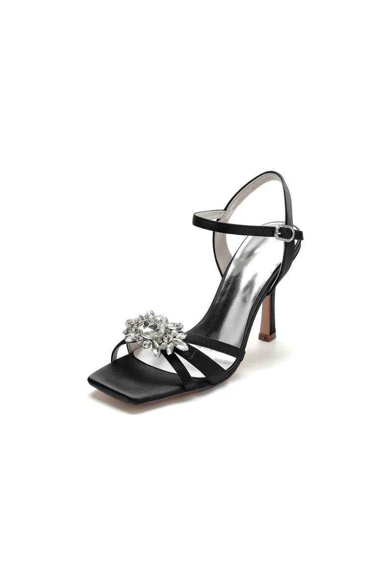 Buckle Strap Crystal Flowers Square Open Toe Chunky Heels