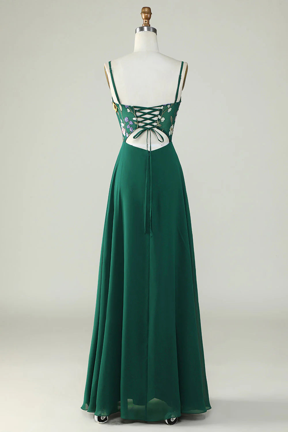 Dark Green A Line Spaghetti Straps Floor Length Dress with 3D Flowers