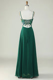 Dark Green A Line Spaghetti Straps Floor Length Dress with 3D Flowers