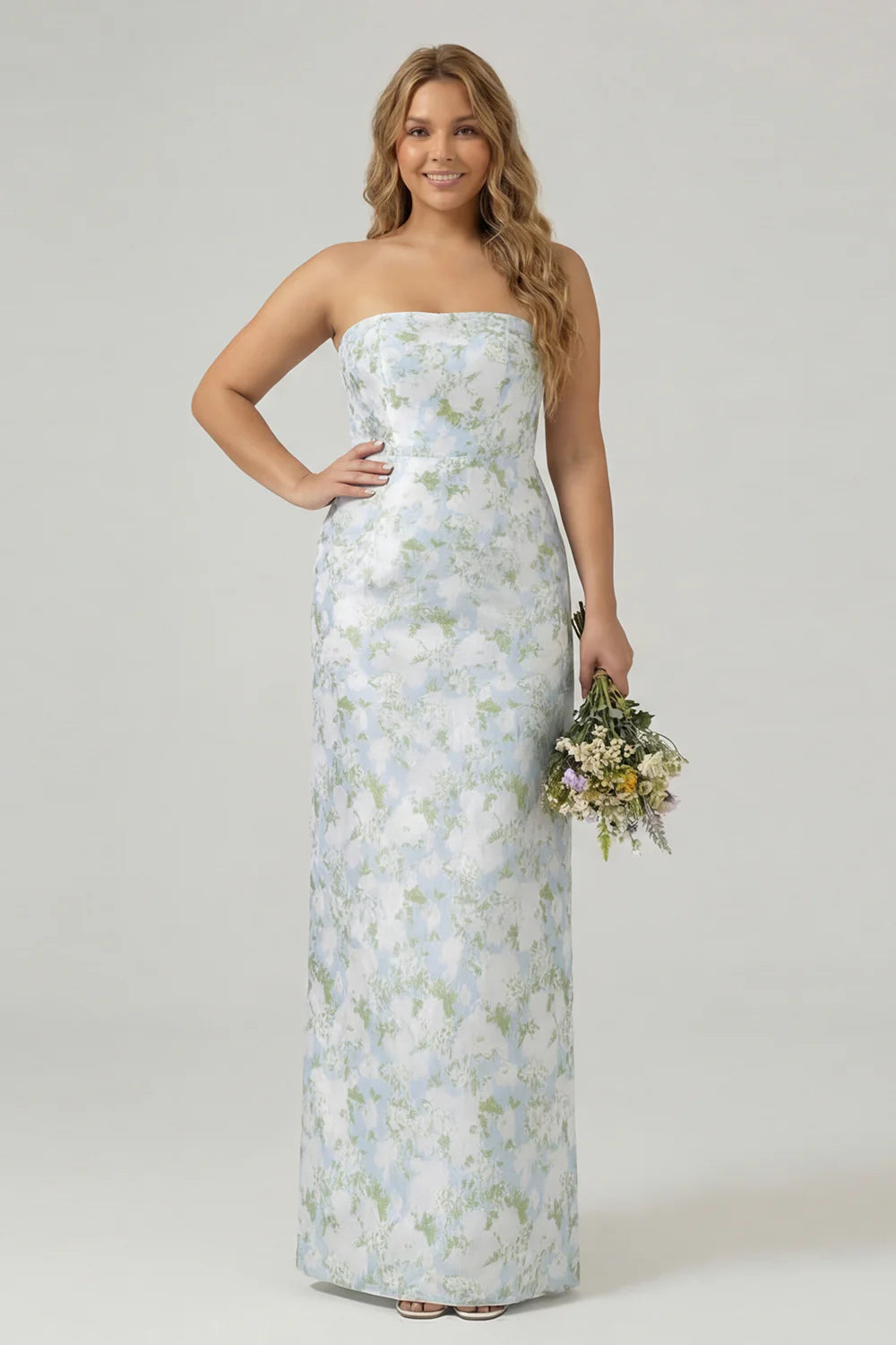 Blue Sheath Strapless White Floral Back Slit Satin Maxi Dress with Pockets