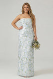 Blue Sheath Strapless White Floral Back Slit Satin Maxi Dress with Pockets