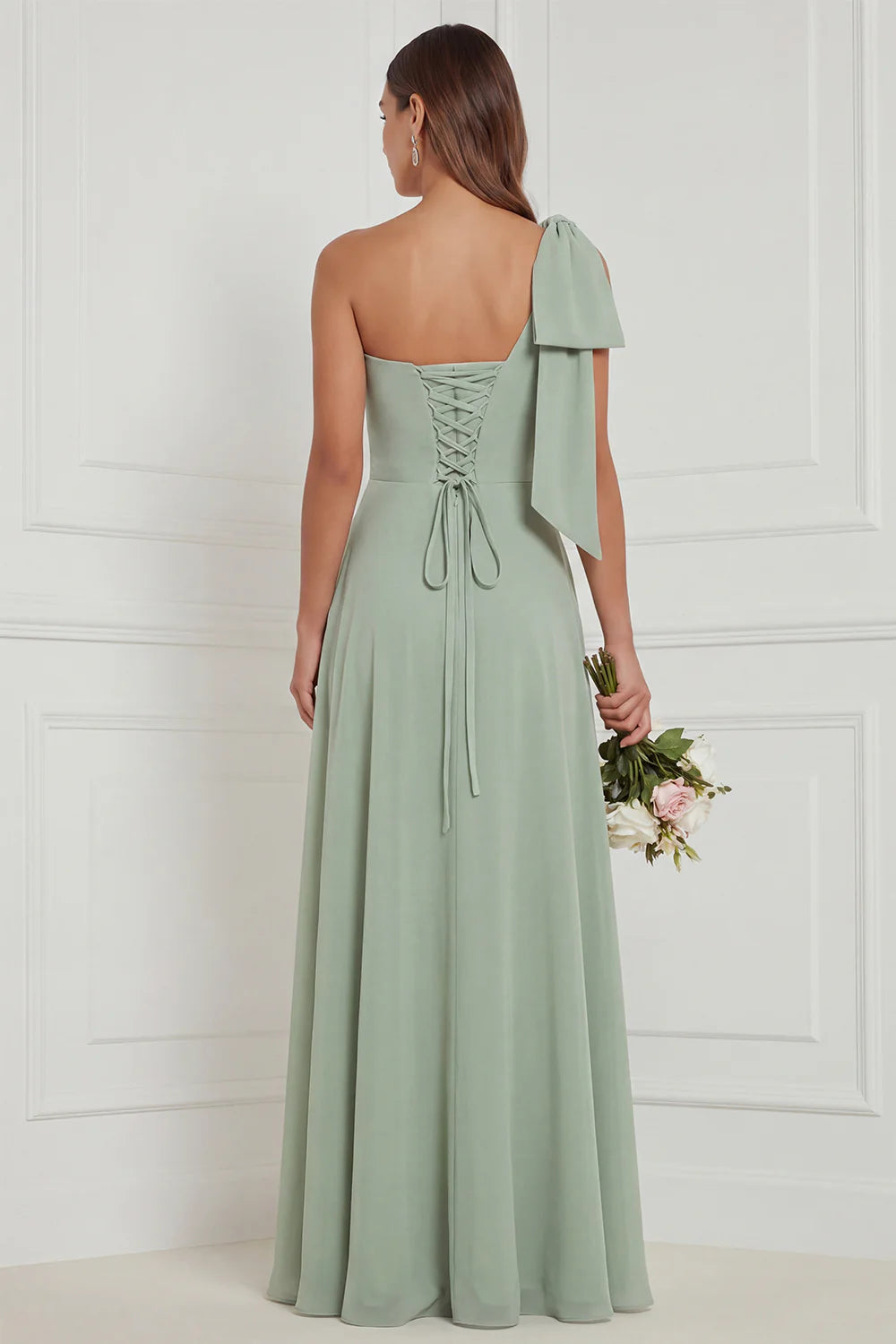 One Shoulder Bow A Line Sage Bridesmaid Dress with Lace up Back