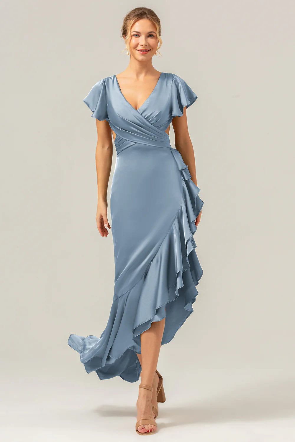 A Line V Neck Asymmetrical Olive Bridesmaid Dress with Ruffle Slit