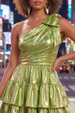Green One Shoulder Metallic A Line Tiered Short Homecoming Dress